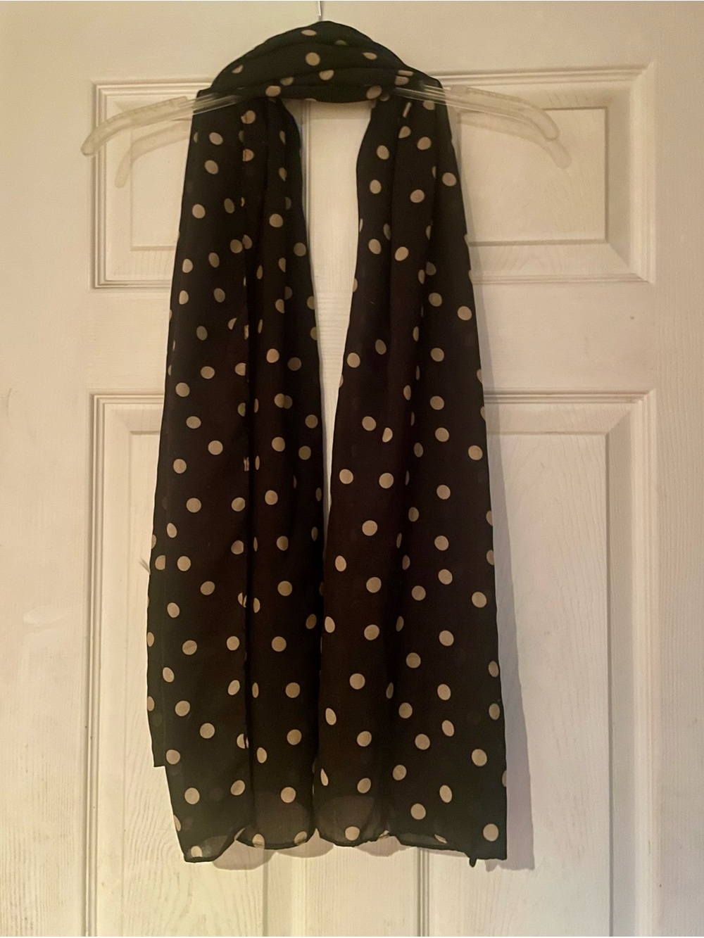Lightweight Black Chiffon Long Scarf with Classic Cream-Colored Polka Dots
